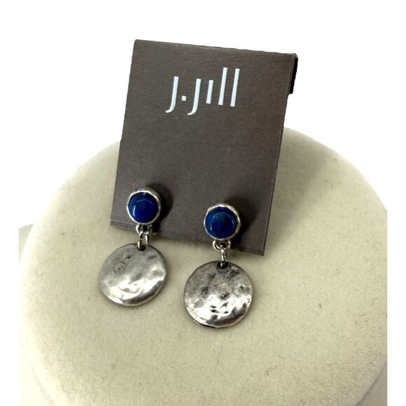 J. Jill Post Drop Earrings Indigo Blue Skies Bead Hammered Disk Silver Tone NWT - Picture 6 of 7